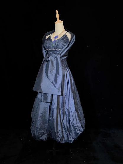 Robes de bal intemporelles en taffetas bleu marine, avec perles et cape, tenues de soirée N3287