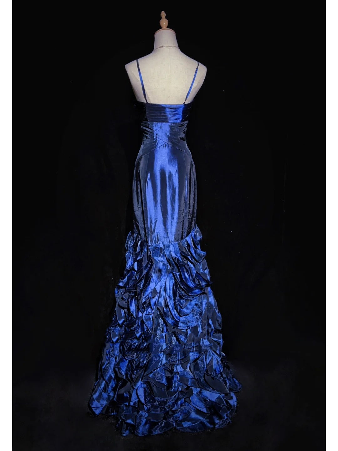 Vintage-Abschlussballkleider-Inspo Meerjungfrauen-Spaghetti-Träger Marineblau Gestufte Lagen 80er Jahre mit Rüschen Festliche Kleider N3361