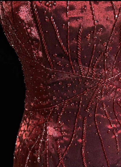 Robes de bal vintage coupe trapèze bordeaux avec paillettes, perles, robe de soirée formelle années 80 RB3278