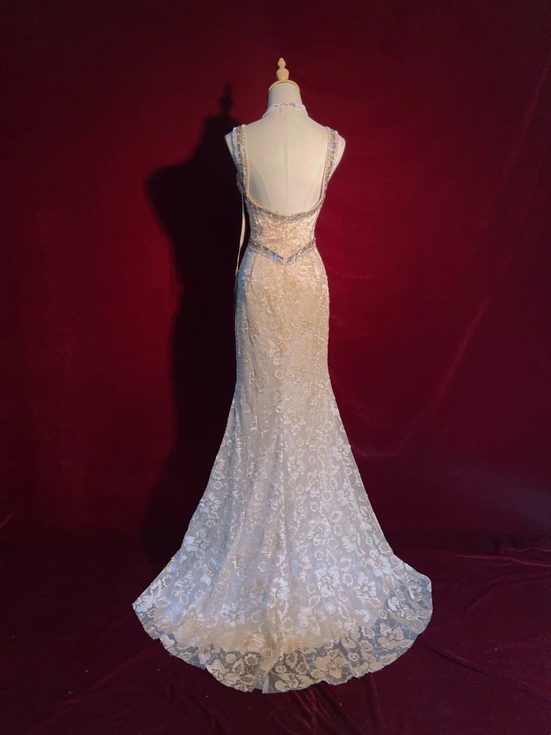 Vintage Prom Dresses 90er Meerjungfrau V-Ausschnitt Champagner Spitze Lange Semi-Formelle Abendkleider N3652