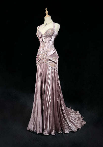 Robes de bal vintage des années 80 sirène dos nu satin rose avec volants longues tenues de soirée N3452