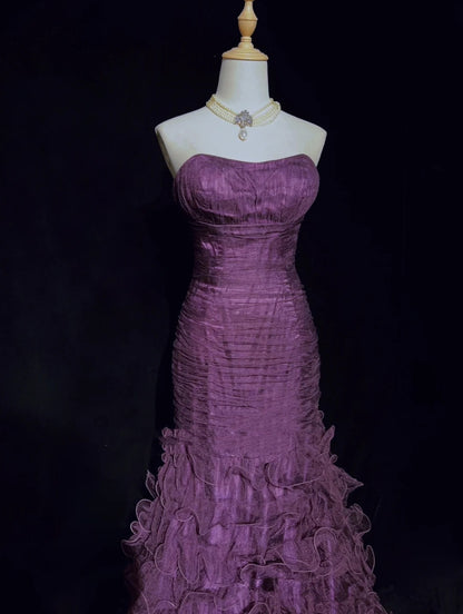 Bescheidene Ballkleider Inspo Meerjungfrau Sweetheart Lila Tüll Rüschen 80er Jahre Lange Abendkleider N3395