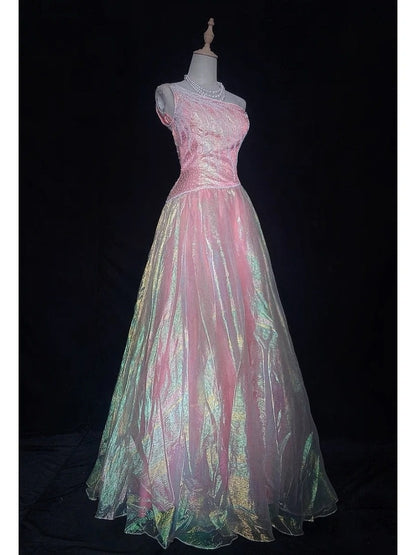 Robes de bal de promo vintage, inspiration robe de bal asymétrique rose années 90 avec perles, robes de soirée N3323