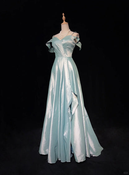 Robes de bal élégantes et chics ligne A en satin bleu ciel avec bretelles et manches, robes de soirée semi-formelles N3800