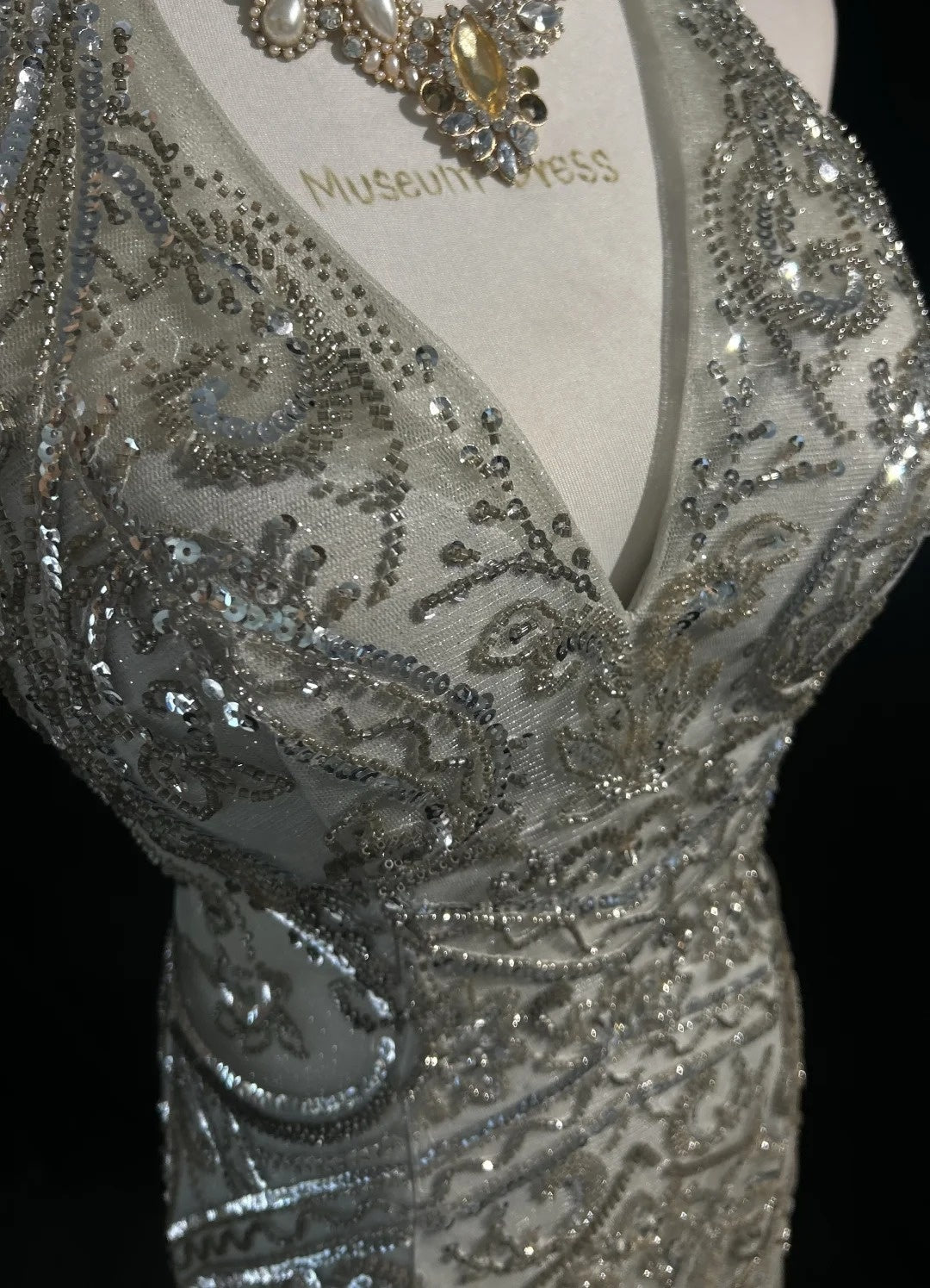 Robes de bal vintage, inspiration sirène, dos nu, col montant, sequin argenté, années 80, robes de soirée N3369