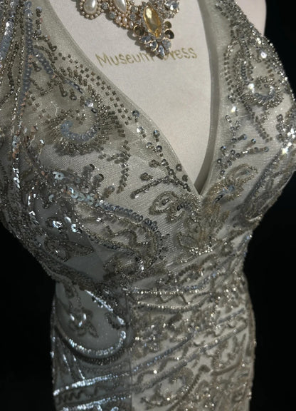 Robes de bal vintage, inspiration sirène, dos nu, col montant, sequin argenté, années 80, robes de soirée N3369