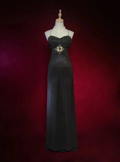 Vintage Prom Dresses A-Linie Spaghetti-Träger Black Tie Kleid mit Perlen 80er Jahre Langes Abendkleid N2730