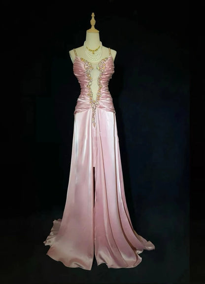 Robes de bal vintage des années 80 sirène à fines bretelles en satin rose longues tenues de soirée N3479
