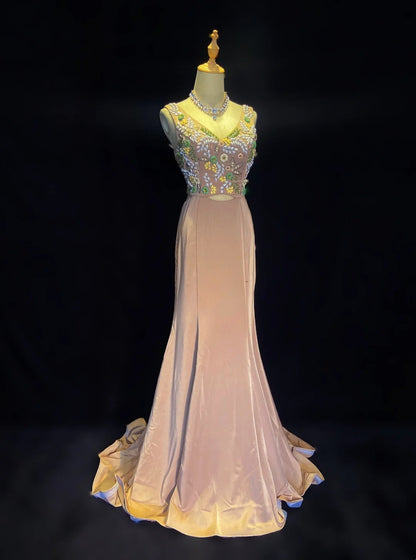 Belles Robes de Bal Sirène Col en V Rose Poudré avec Fleurs et Perles Longues Tenues de Soirée N3315