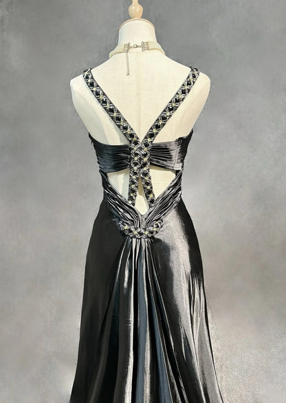 Robes de bal vintage Sirène Licol Années 90 Satin avec perles Longue Robe de soirée formelle N2504