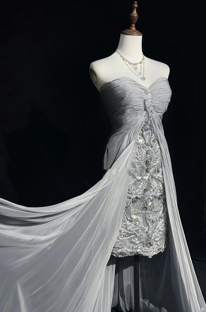 Vintage 90er Abschlussballkleider Etui Herz-Ausschnitt High-Low Silbergrau Chiffon Langes Ballkleid N3020