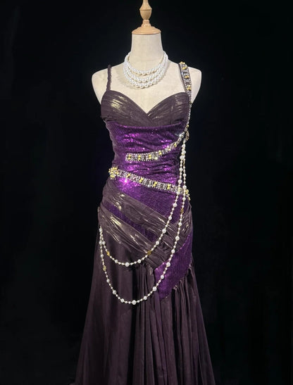 Vintage Abschlussballkleider 1960er Jahre Meerjungfrau Spaghettiträger Lila mit Perlenbesatz Langes Ballkleid N3117