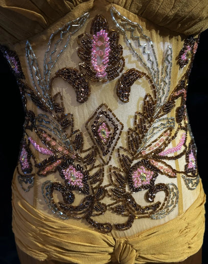 Vintage Abschlussballkleider Meerjungfrau Spaghettiträger Gold mit Rüschenperlen Chiffon 90er Jahre Abendkleid N2588
