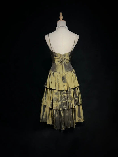 Vintage A-Linien Spaghettiträger Olivenbraunes Knielanges Partykleid Cocktailkleid Homecoming Kleider N3901