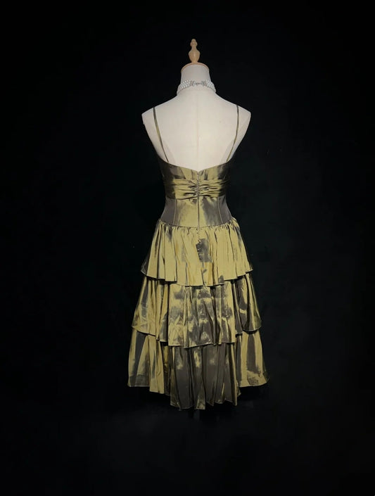 Vintage A Line Spaghetti Strap Olive Green Knee Length Party Dress Cocktail Gown Homecoming Dresses N3901