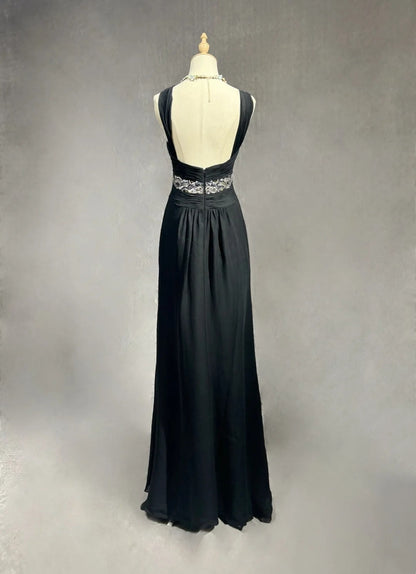 Bescheidene Ballkleider A-Linie Neckholder Schwarz Chiffon Rückenfrei Bodenlang Formelle Abendgarderobe N3484