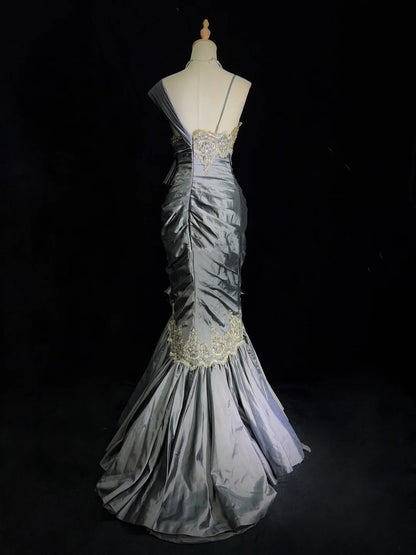 Robes de bal vintage sirène à bretelles en satin gris et dentelle avec volants, longues tenues de soirée N3442
