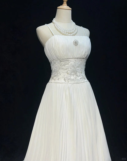 Vintage 90er Brautkleider A-Linie Spaghettiträger Chiffon Weiß Plissiert Sommergarten Langes Brautkleid N3830