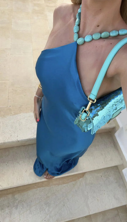 Elegante hochgeschlossene blaue Satin-Meerjungfrauen-Abendkleider für Damen N4182