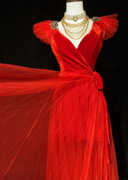 Vintage Prom Dresses A line V Neckline Red Sleeveless Tulle 1980s Long Formal Evening Gown N2629