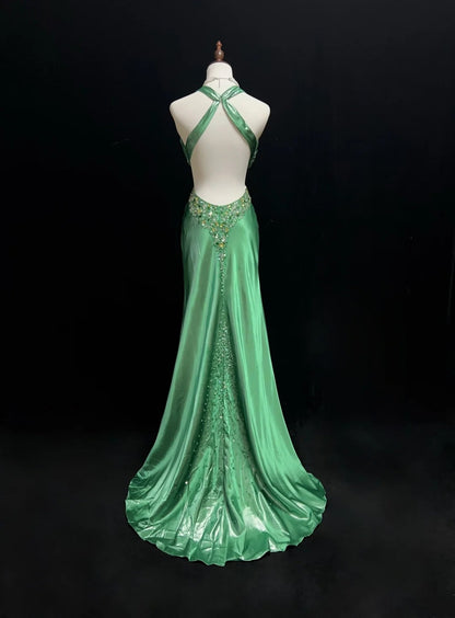 Robes de bal vintage Sirène Halter Dos Nu Vert Perlé Années 90 Longue Robe de Soirée Formelle N2648