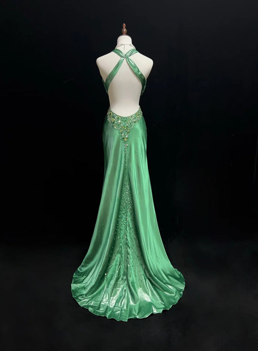 Vintage Prom Dresses Mermaid Halter Backless Green Beaded 90s Long Formal Evening Gown N2648
