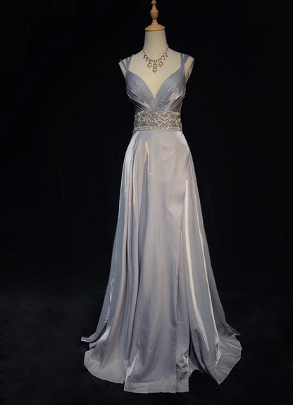 Robes de bal modestes trapèze à fines bretelles en satin gris, longues tenues de soirée formelles N3617