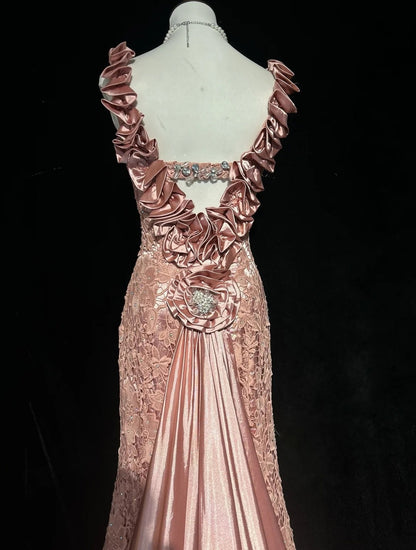 Vintage Meerjungfrauen-Abschlussballkleider mit V-Ausschnitt, rosa Spitze mit 3D-Blumen, lange Abendrobe aus den 1950er Jahren N2594