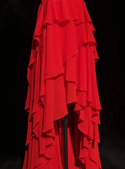 Vintage Abschlussballkleider A-Linie Sweetheart Rot 70er Jahre mit Rüschen Chiffon Langes festliches Partykleid N2524