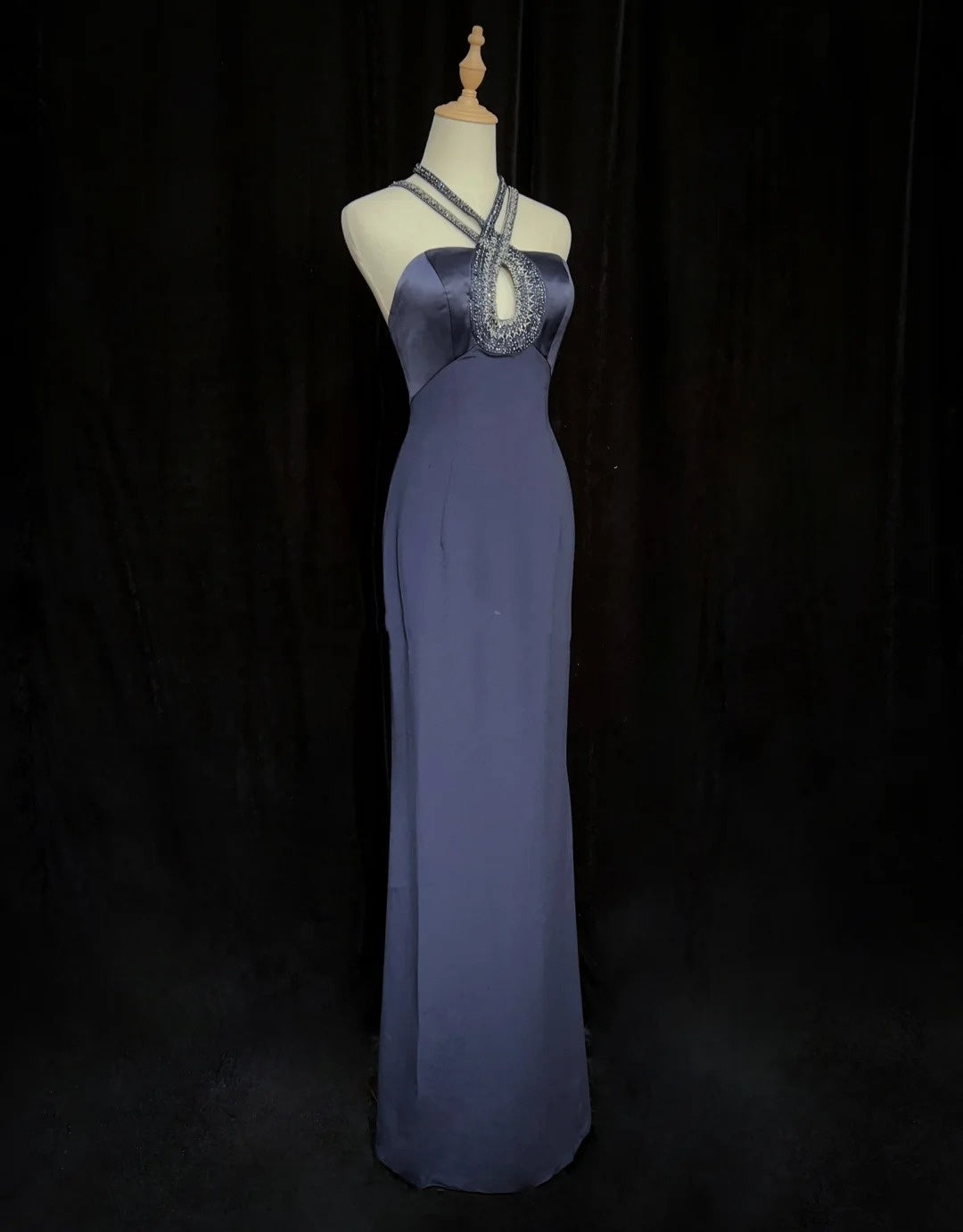 Robes de bal modestes Inspo Sirène Années 90 Col Licou Bleu Marine Avec Perles Pour Femmes Robe Formelle N3281