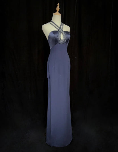 Robes de bal modestes Inspo Sirène Années 90 Col Licou Bleu Marine Avec Perles Pour Femmes Robe Formelle N3281