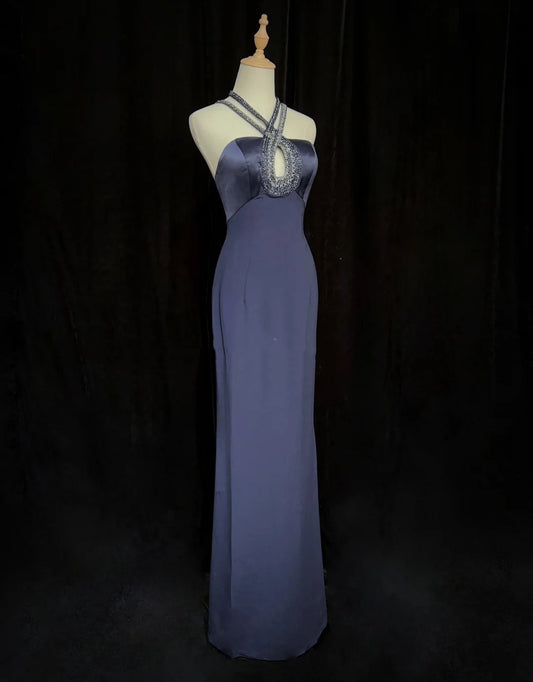 Modest Prom Dresses Inspo Mermaid 90s Halter Neck Navy Blue With Beads For Women Formal Dress N3281