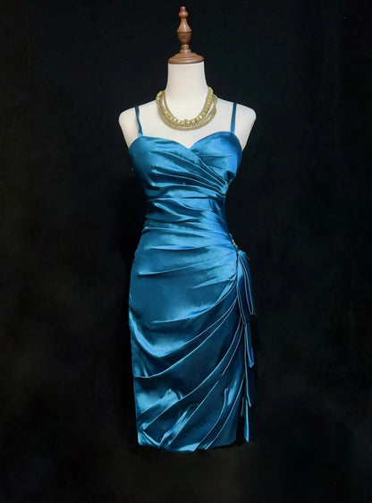Vintage Sheath Spaghetti Strap Blue Satin Mini Short Y2K Ideas Senior Homecoming Dresses Hoco Gowns N3099
