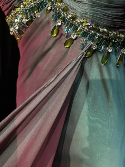 Vintage Ballkleid Ästhetik Kleider A-Linie Spaghettiträger Grün Chiffon Langes Abendkleid N3017