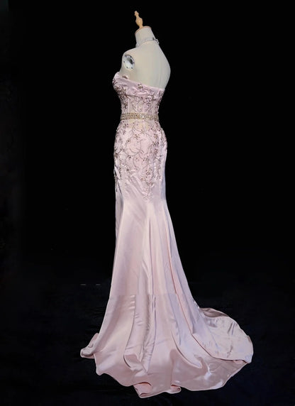 Vintage Abschlussballkleider 80er Meerjungfrau Trägerlos Rosa Satin Applikation Lange Formelle Abendgarderobe N3480
