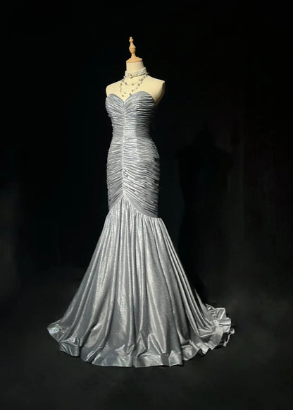 Vintage 1980s Prom Dresses Mermaid Sweetheart Silver Grey Floor Length Long Formal Party Dress N2536