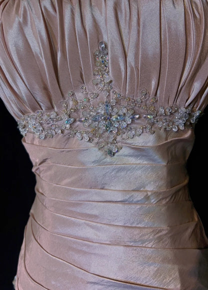 Robes de bal vintage sirène à fines bretelles en taffetas rose clair avec perles argentées années 50 longue robe de soirée N2597