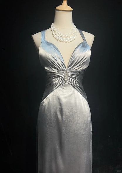 Robes de bal vintage des années 2000, coupe A, dos nu, gris argenté avec volants, longue robe de bal N3028