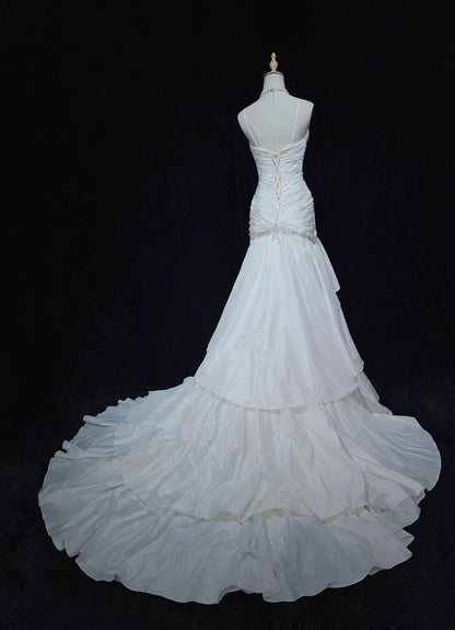 Unique Wedding Dresses Mermaid Spaghetti Strap Beach Boho Satin With Tiered Layers White Long Bridal Gown N3612
