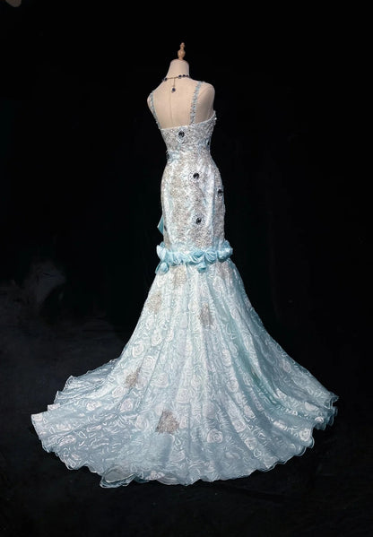 Belles Robes de Bal Sirène Bretelles Fines Bleu Ciel avec Fleurs Perles Longues Tenues de Soirée N3319