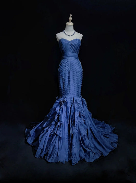 Vintage Prom Dresses Mermaid Sweetheart Navy Blue Satin With Tiered Layers 90s Long Evening Gown N2906