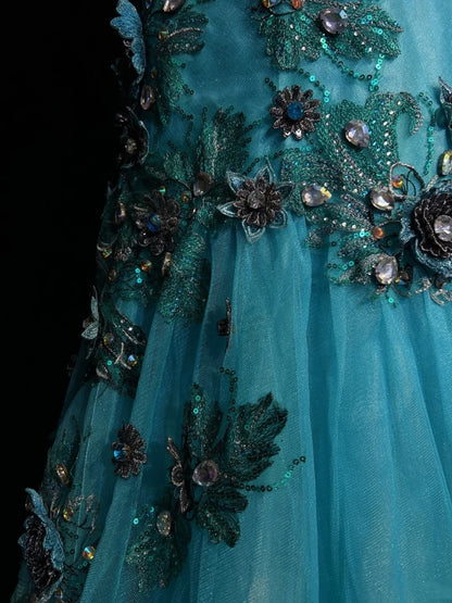 Vintage Ballkleider Inspo Meerjungfrau Träger Tüll Blau Lang 1990er Mit Spitze Applikationen Abendkleider N3360