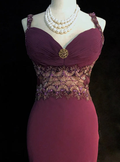 Inspiration Robes de bal vintage Sirène Bretelles spaghetti Violettes longues Années 1990 Avec perles Robes de soirée N3388