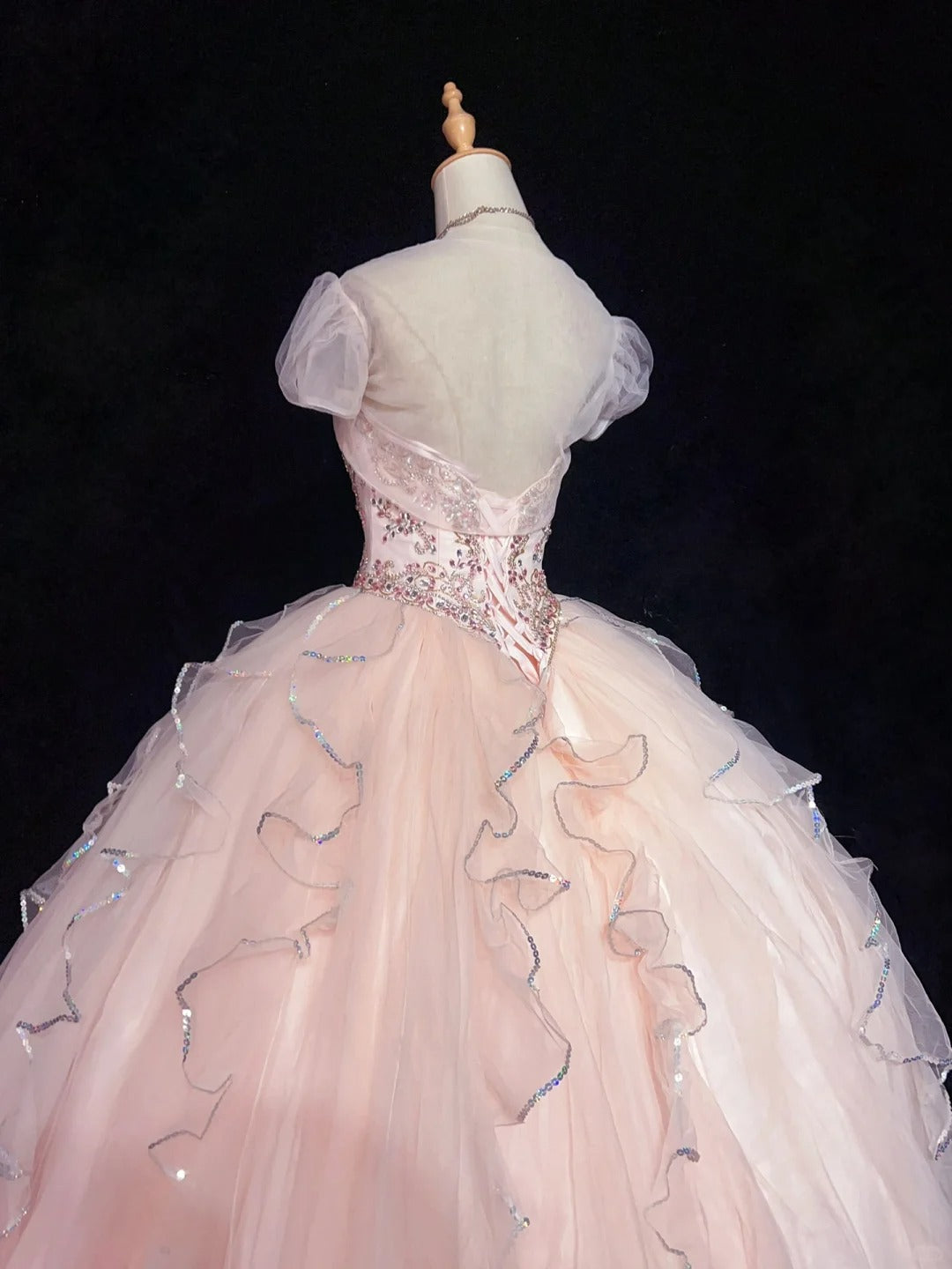 Robe de bal bustier manches courtes rose à paillettes longue robe de soirée d'anniversaire de bal avec veste N2861