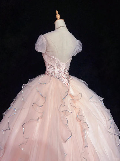 Robe de bal bustier manches courtes rose à paillettes longue robe de soirée d'anniversaire de bal avec veste N2861