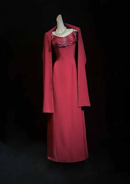 Vintage Prom Dresses Inspo A line Spaghetti Strap 90s Burgundy Satin With Cape For Women Formal Gowns N3310