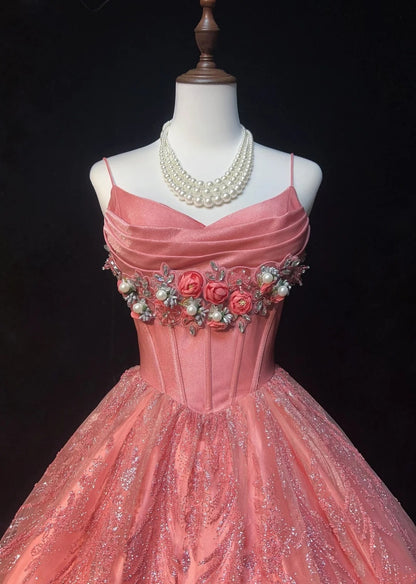 Hübsches Ballkleid Spaghettiträger Rosa Pailletten mit 3D Blumen Tüll Kurze Mini-Heimkehrkleider N2527
