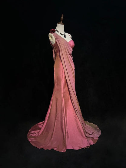 Robes de bal vintage des années 60, sirène asymétrique, bretelles, mousseline rose avec longue robe de bal à volants N3095