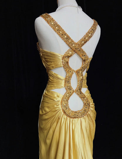 Inspiration Robes de bal Vintage Sirène Cœur Avec Bretelles Satin Doré Années 90 Avec Perles Robes de Soirée N3342