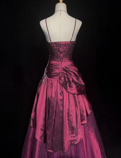 Vintage Abschlussballkleider Ballkleid Spaghettiträger Fuchsia Ärmellos Taft 90er Langes Abendkleid N2878